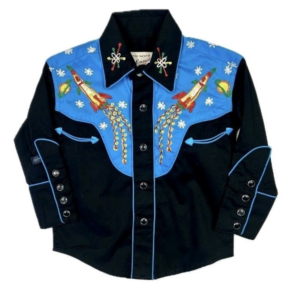 Rockmount Ranch‎ Wear Black Embroidered Western 2-Tone Space Shirt Boys L Rocket